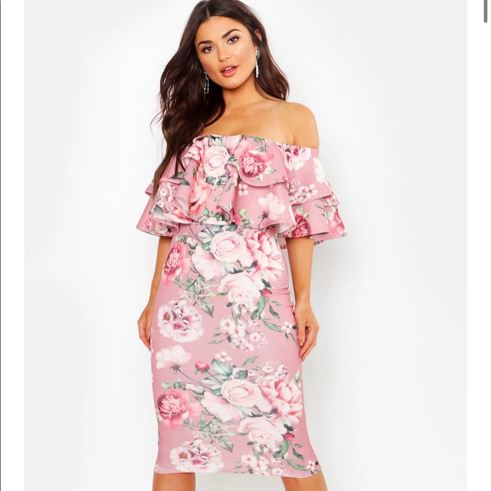 Boohoo Off The Shoulder Ruffle Midi Dress